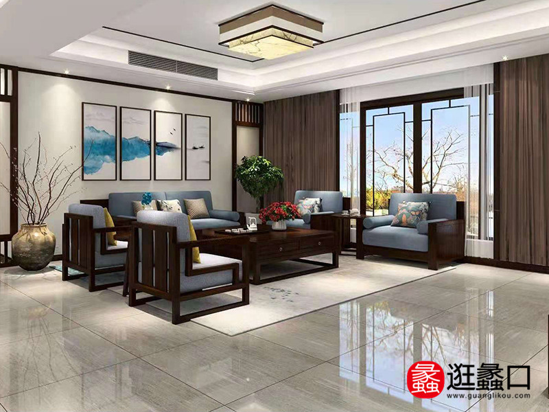 恒久家具新中式客厅时尚优雅雅致沙发 茶几组合