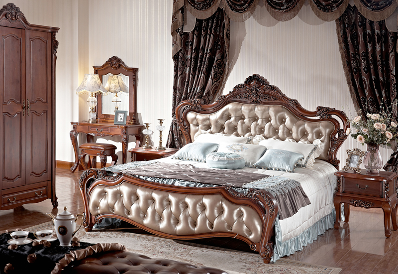 巨森家居桃花芯木卧室欧式大床+2床头柜