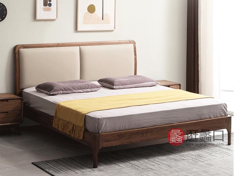 希恩家具北欧卧室床X09HT床1.8米实木床北欧风格婚床北美黑胡桃木真皮床带软靠床