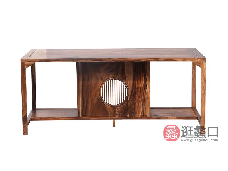 东方韵家具新中式书房禅意茶台南美胡桃木双抽屉式收纳茶台茶桌