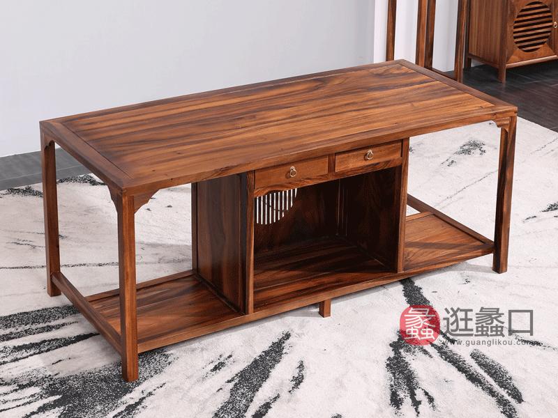东方韵家具新中式书房禅意茶台南美胡桃木双抽屉式收纳茶台茶桌