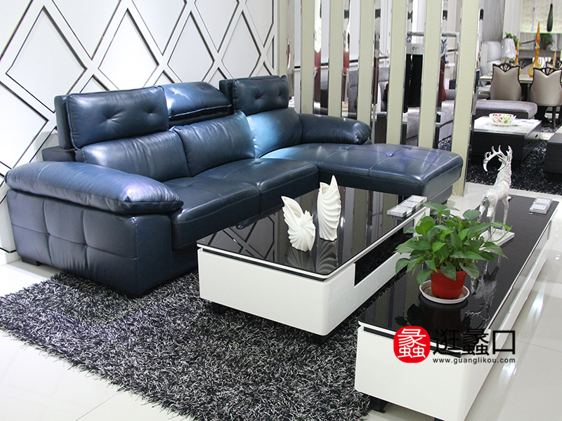 欧尚格家具现代简约牛皮转角贵妃沙发组合/茶几