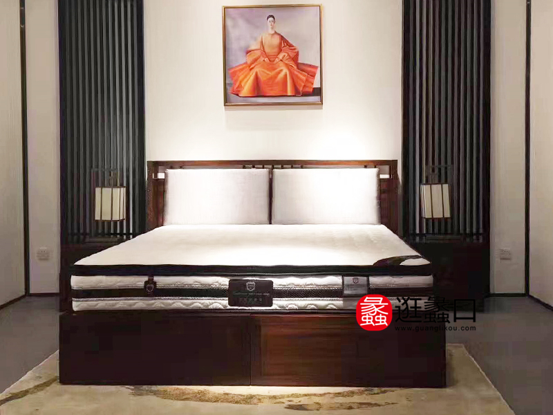 云檀家具新中式卧室实木双人大床/床头柜/床尾凳