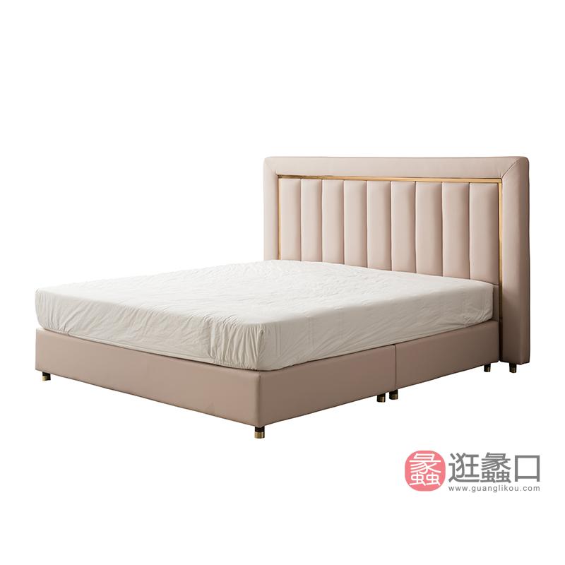 纽约现代美式轻奢真皮实木框架卧室大床双人床1190226床