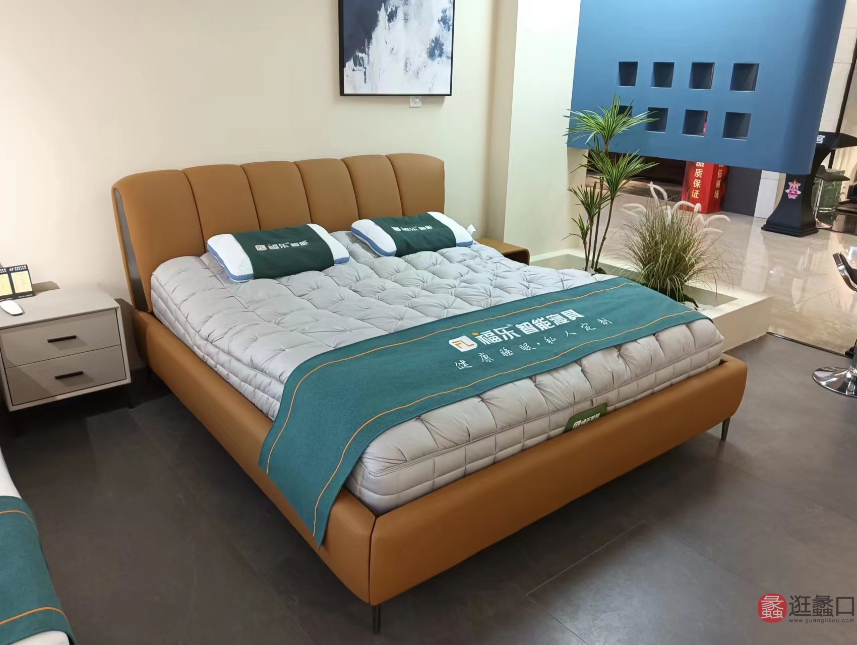 蠡口家具城茜杰软体家具卧室头层牛皮床+智能床垫按摩功能唤醒功能止鼾功能零压功能qj009
