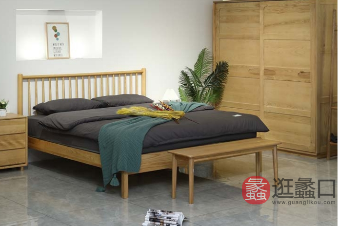 进鑫白腊木套房家具卧室北欧床23