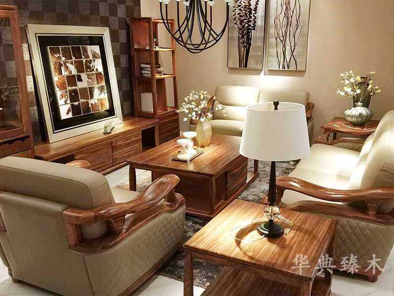 华典清风·欧尚格家居家具华典臻木·欧尚格家居新中式客厅乌金木实木1+2+3软包沙发组合