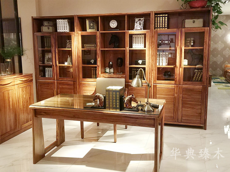 华典清风·欧尚格家居家具华典臻木·欧尚格家居新中式书房乌金木实木书桌椅+书柜组合