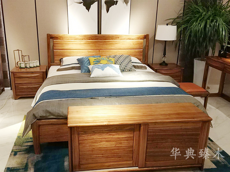 华典臻木·欧尚格家居新中式卧室乌金木实木大床+床头柜组合