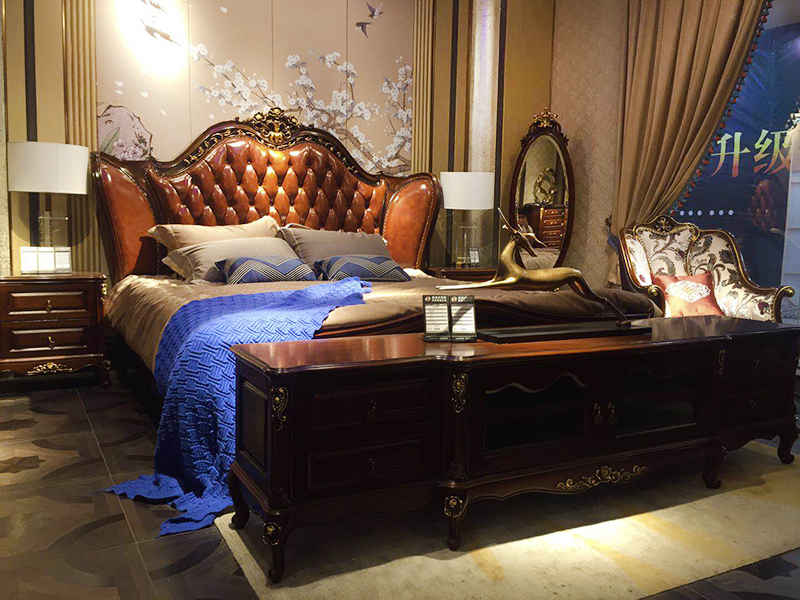 【融誉家具·欧尚格家居】美式卧室皮艺软靠实木桃花芯木床/床头柜/床尾凳
