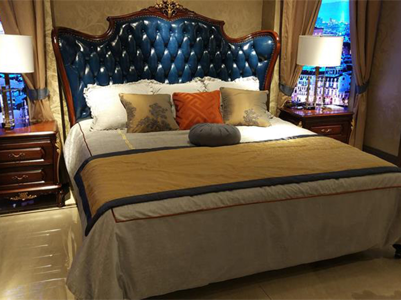 【融誉家具·欧尚格家居】美式卧室实木桃花芯木床/床头柜/床尾凳