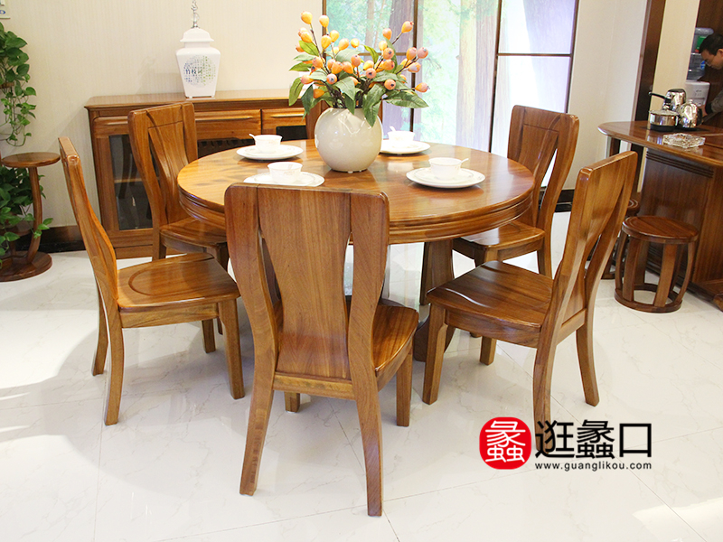 安铭居家具中式客厅金丝檀木实木圆餐桌椅/餐边柜/无扶手餐椅