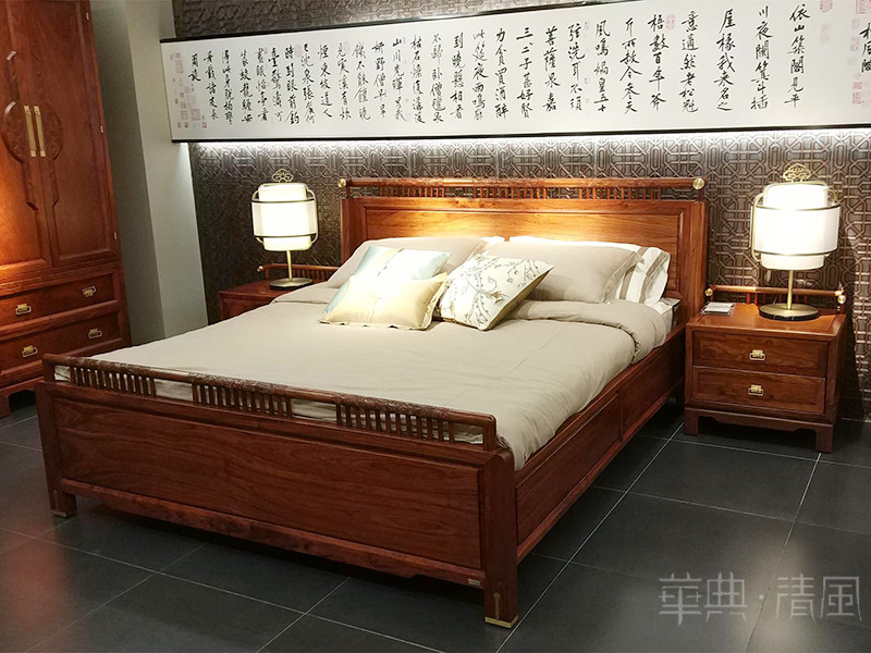 华典清风·欧尚格家居家具新中式卧室刺猬紫檀红木典雅双人床+床头柜组合