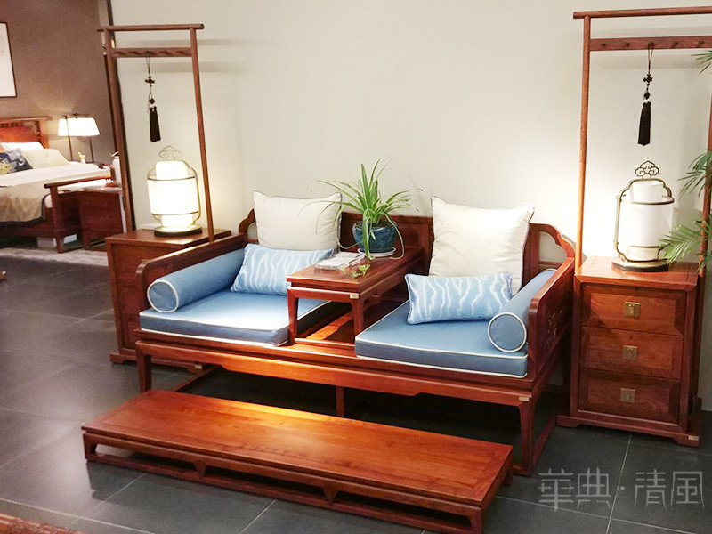 华典清风·欧尚格家居家具新中式客厅刺猬紫檀红木双人休闲沙发茶几+脚踏组合