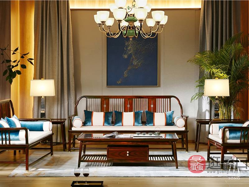 东成文宋家具新中式卧室黑酸枝红木双人位/三人位/单人位文雅沙发组合/茶几