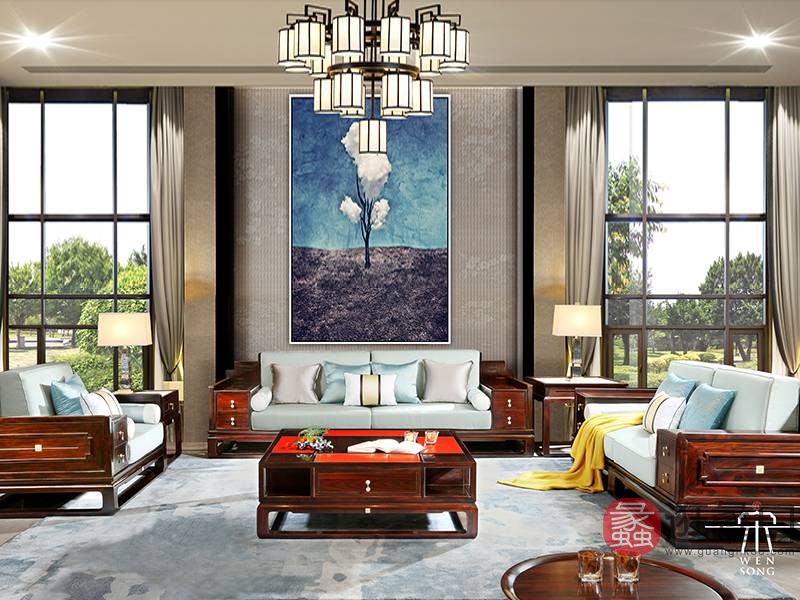 东成文宋家具新中式卧室黑酸枝红木1+3+4望岳沙发八件套组合/茶几