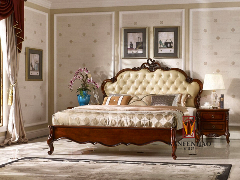名人居（万芬好）·润达名家居欧式卧室桃花心木实木皮艺软靠大床 床头柜