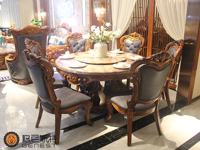 格尼斯特家具欧式餐厅乌金木实木圆形大理石桌面餐桌椅组合
