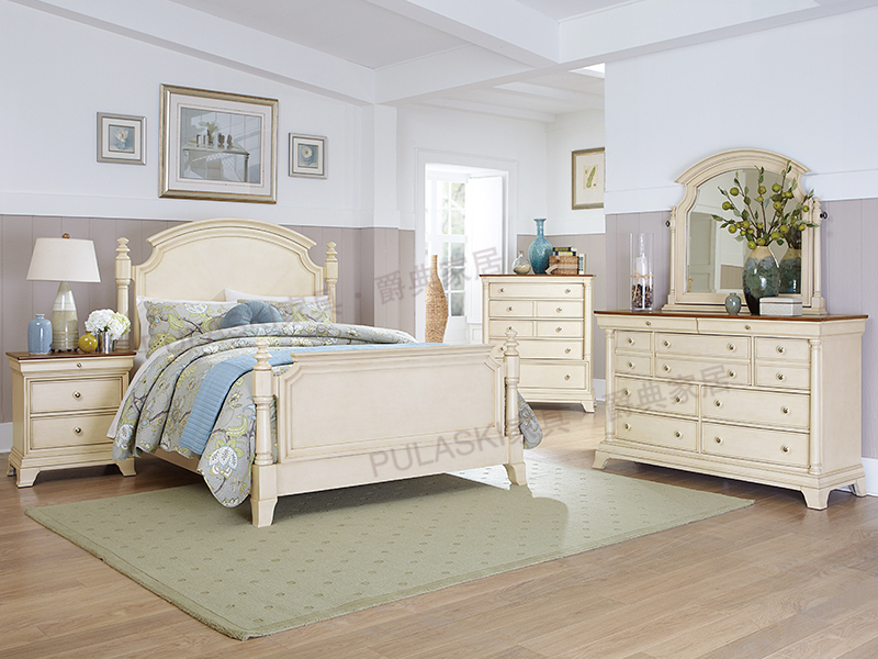 PULASKI家具·爵典家居美式卧室浅色实木床/床头柜/斗柜/梳妆台