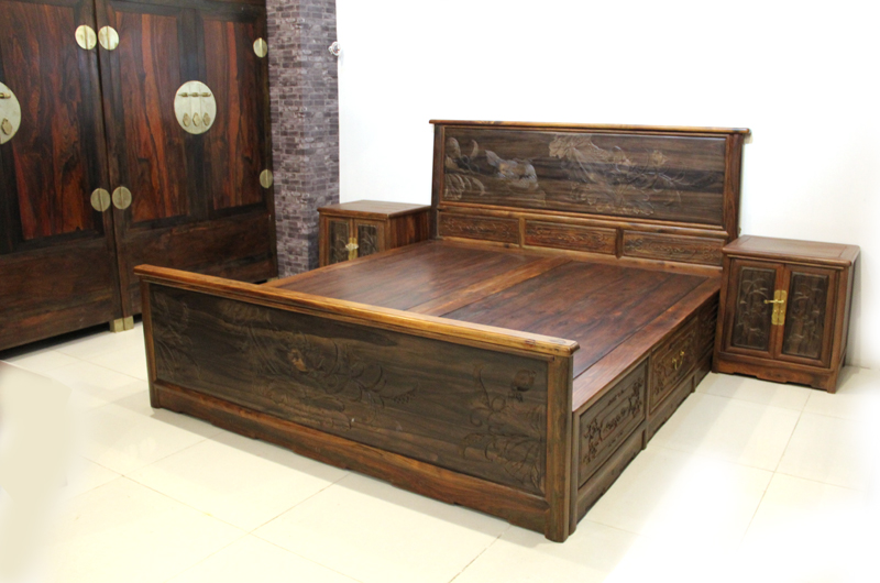 永发老红木老挝红酸枝（交趾黄檀）中式套房系列中式床+2个床头柜+顶箱衣柜
