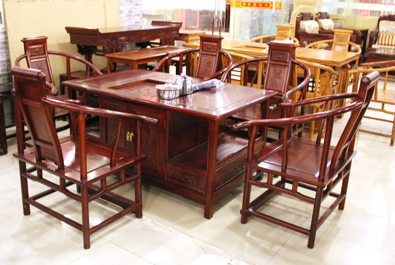 振鑫红木家具中式古典非洲酸枝茶桌/茶台+5把椅子餐桌椅