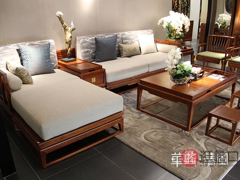 华典清风·欧尚格家居家具新中式客厅红木刺猬紫檀布艺软包转角贵妃沙发/茶几