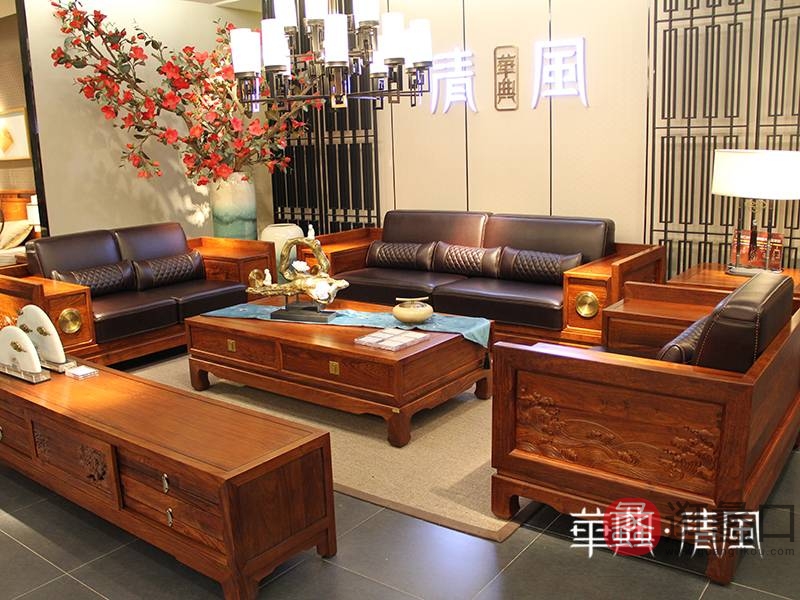 华典清风·欧尚格家居家具新中式客厅红木头层牛皮软包刺猬紫檀沙发/长茶几/角几/电视柜