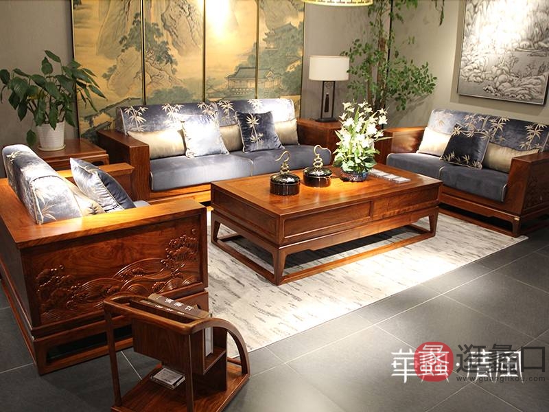 华典清风·欧尚格家居家具新中式客厅红木刺猬紫檀双人位/三人位/单人位沙发组合/茶几/角几/书报架