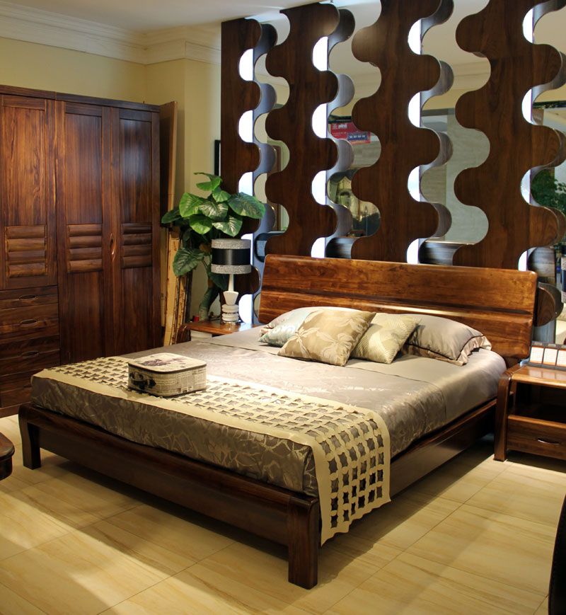 假日森林简约现代卧室中式乌金木床+2个床头柜【特价】