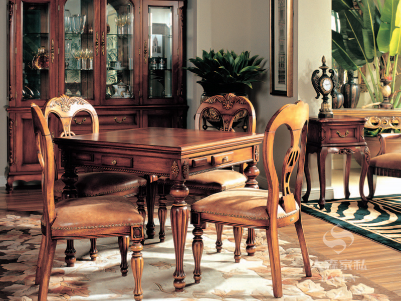 大森家具华东营销中心欧式餐厅红榉木实木四人方形餐桌椅组合