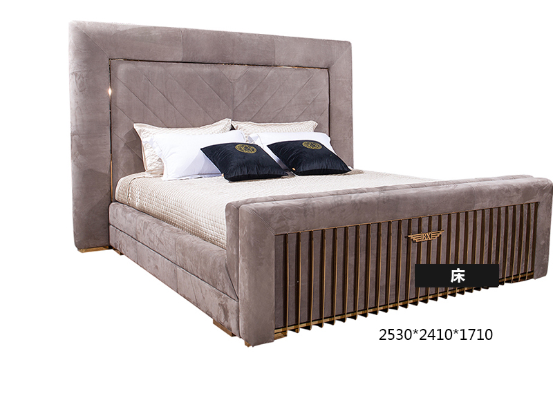 巴夏家具·爵典家居意式轻奢卧室进口磨砂皮双人床ZD001床/婚床/帝纹菲大理石进口磨砂皮床头柜