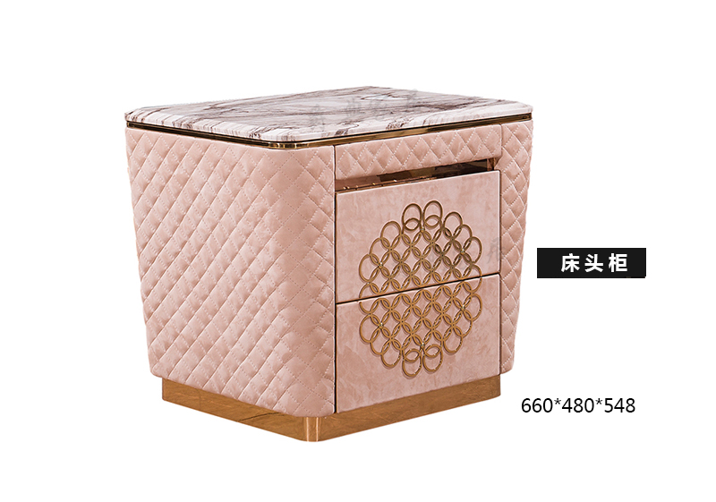 巴夏家具·爵典家居意式轻奢卧室进口磨砂皮双人床ZD001床/婚床/帝纹菲大理石进口磨砂皮床头柜