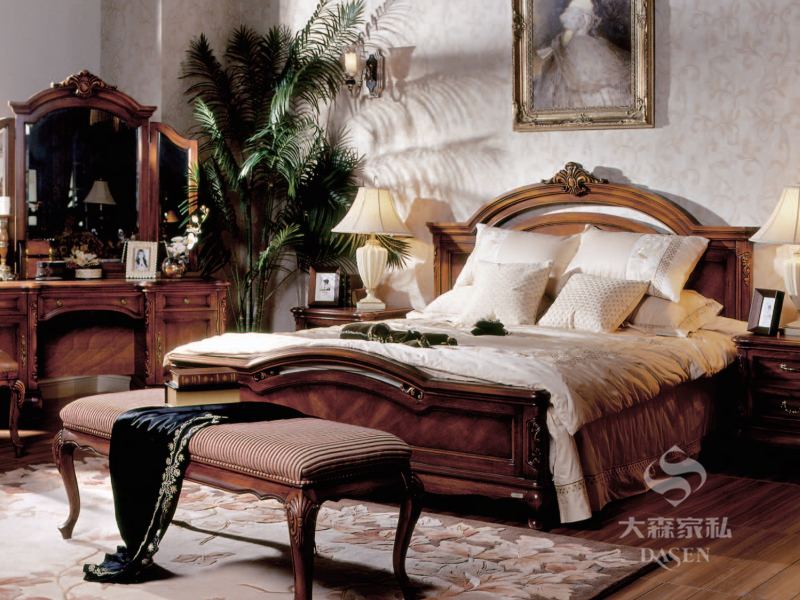 大森家私家具欧式卧室德国榉木实木双人床D08-CH /床头柜/婚床/床尾凳​