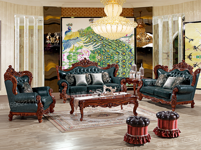 爱普菲斯家具新古典奢华客厅实木雕花双人位/三人位/单人位沙发组合A943#/A819#长茶几