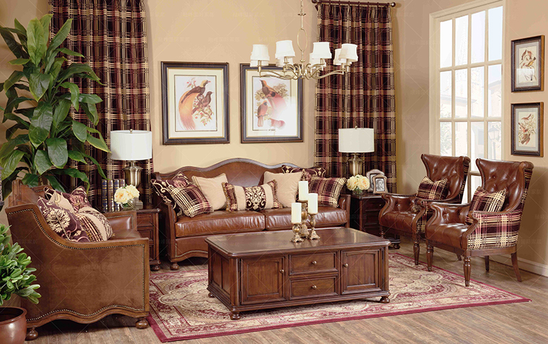 爵典家居·融峰国际家居艾加里梵美客厅美式实木双人位+单人位+三人位桃花芯木波士顿沙发F671/茶几