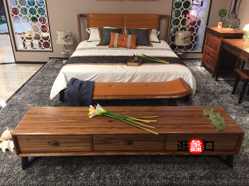 爵士风尚家具北欧卧室实木双人大床/床头柜/床尾凳/电视柜