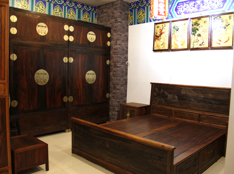 永发老红木老挝红酸枝（交趾黄檀）中式套房系列中式床+2个床头柜+顶箱衣柜