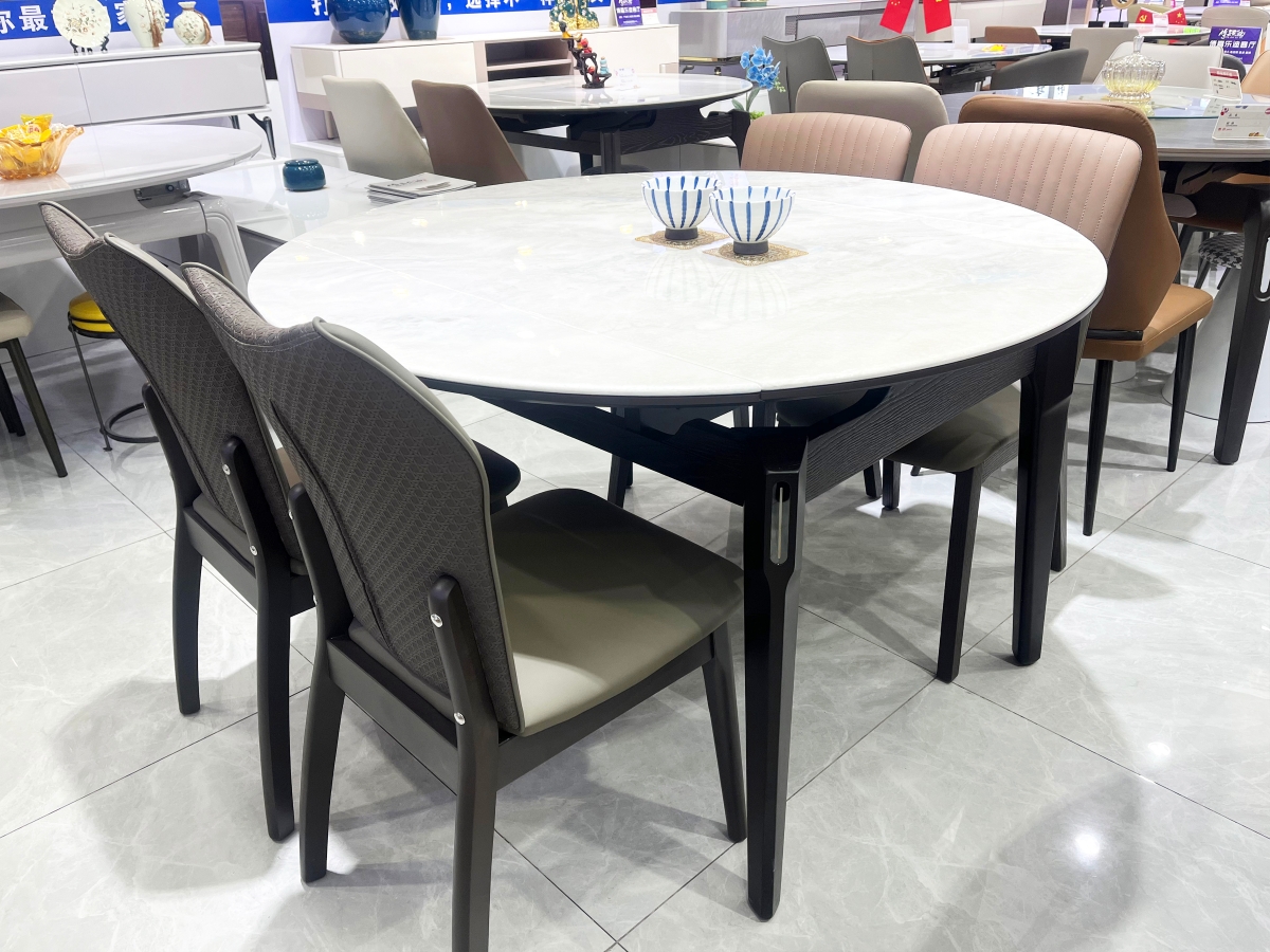 傅嘉乐迪两厅家具 现代简约风格可伸缩大理石+白腊木圆餐桌3010001